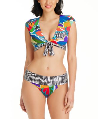 Bleu By Rod Beattie Womens The Mix Tie Front Cap Sleeve Cropped Bikini Top Fold Over Bikini Bottoms