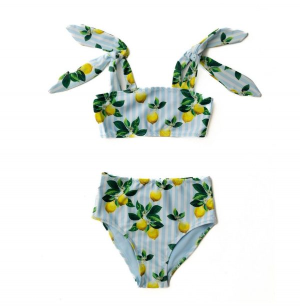 Child Girls Amalfi Coast Lemon Tie Top Bikini Set - Blue and white stripe lemons