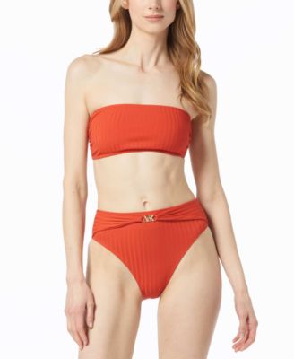 Michael Michael Kors Womens Ribbed Bandeau Bikini Top Ribbed Logo Waist Bikini Bottoms