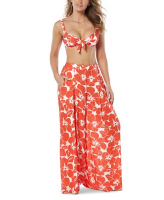 Vince Camuto Womens Floral Print Tie Front Bikini Top Wide Leg Cover Up Pants