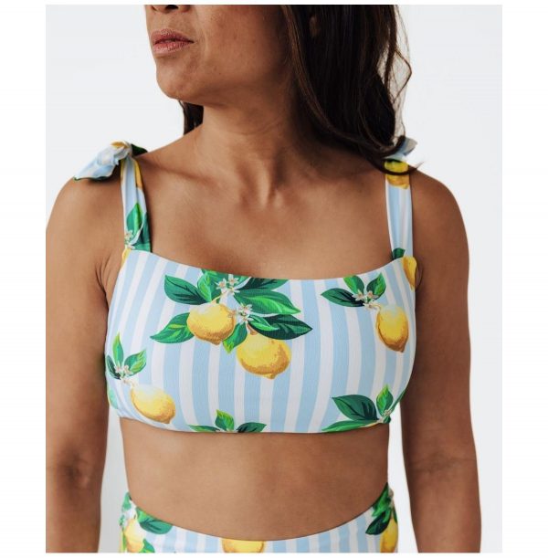 Women's Amalfi Coast Lemon Tie Bandeau Bikini Top - Blue and white stripe lemons