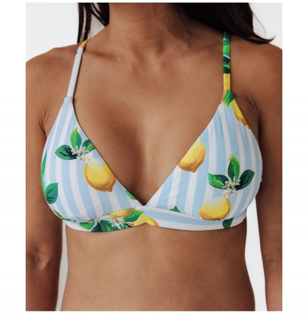 Women's Amalfi Coast Lemon Triangle Bikini Top - Blue and white stripe lemons