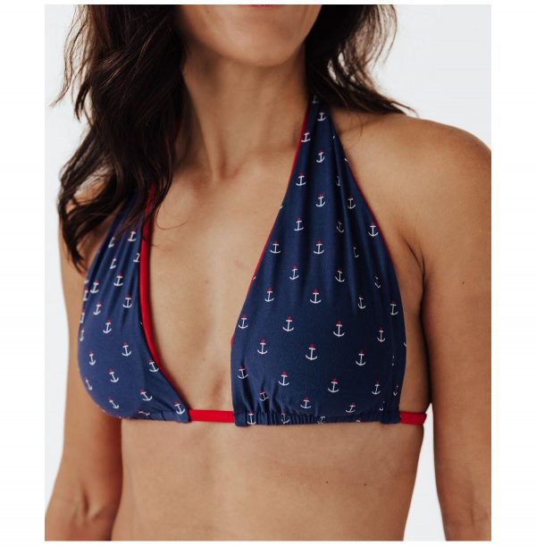 Women's Anchors Aweigh String Bikini Top - Navy blue, white anchors, red trim