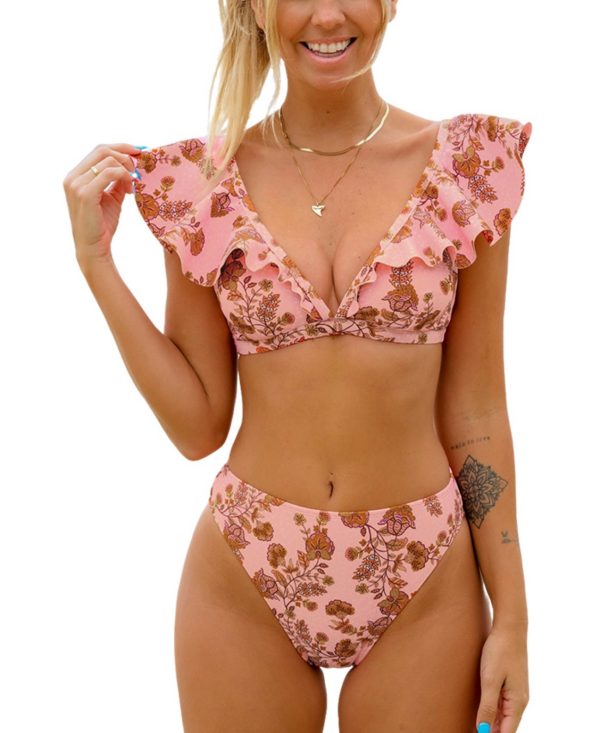 Women's Cottage Coast Ruffled V-Neck Top & Cheeky High Waist Bikini Set - Pink