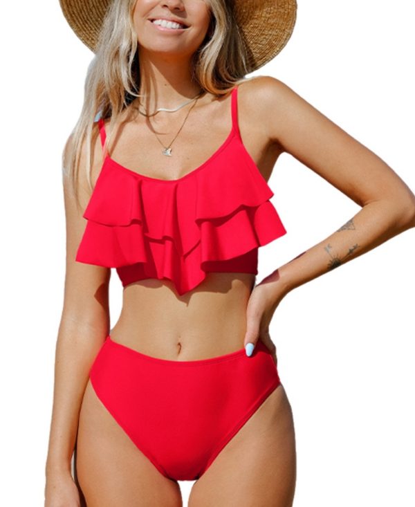 Women's V-Neck Ruffled Top & High Waist Bikini Set - Red